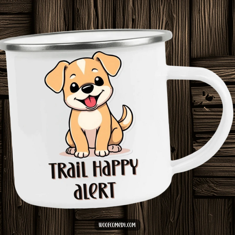 Funny camping mug depicting a cute dog with floppy ears and a vigorously wagging tail, ideal for outdoor cheer.