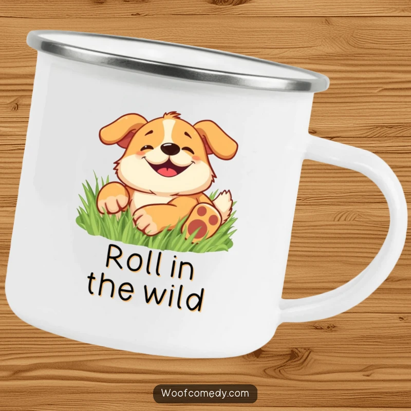 Funny camping mug with a happy dog, wide goofy grin, rolling around in soft grass.