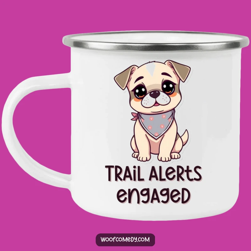 Funny Kawaii Dog Camping Mug: Curious Bandana Pup for Alert Adventures