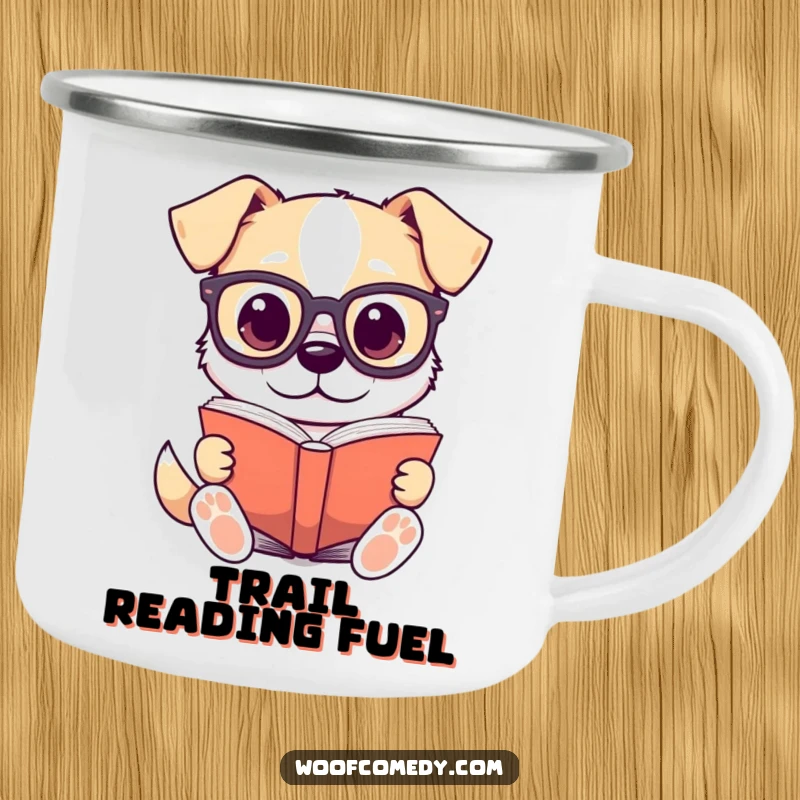 Funny camping mug with a kawaii dog in tiny glasses reading a large book, blending adventure with intellect.