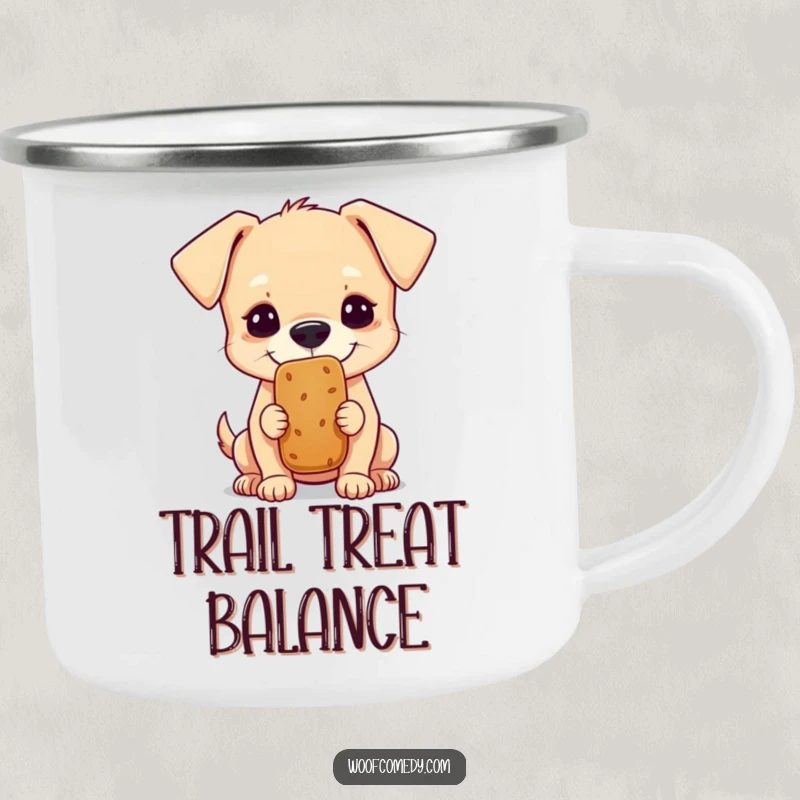 Funny camping mug featuring a small dog concentrating on balancing a treat on its nose, a humorous outdoor gift.