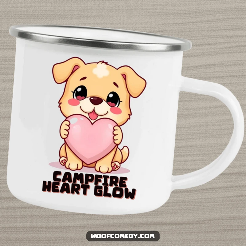 Funny loyal dog offering a glowing heart, durable enamel camping mug, outdoor love, funny gift.
