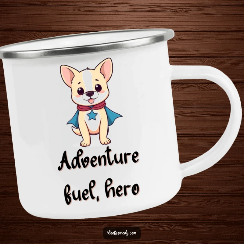 Funny camping mug with a proud dog wearing a superhero cape, ready for outdoor fun.