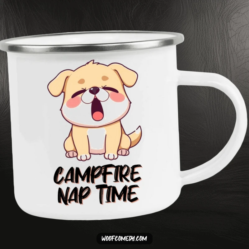 Funny sleepy dog camping mug featuring a dog yawning widely with eyes half-closed, perfect for rugged adventures and expressing your tired state.