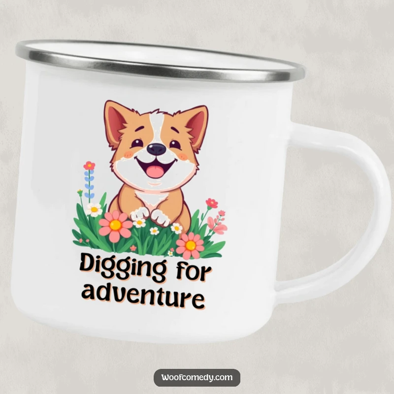 Funny camping mug showing a smiling dog digging joyfully in flowers, perfect for outdoor cheer and garden lovers.