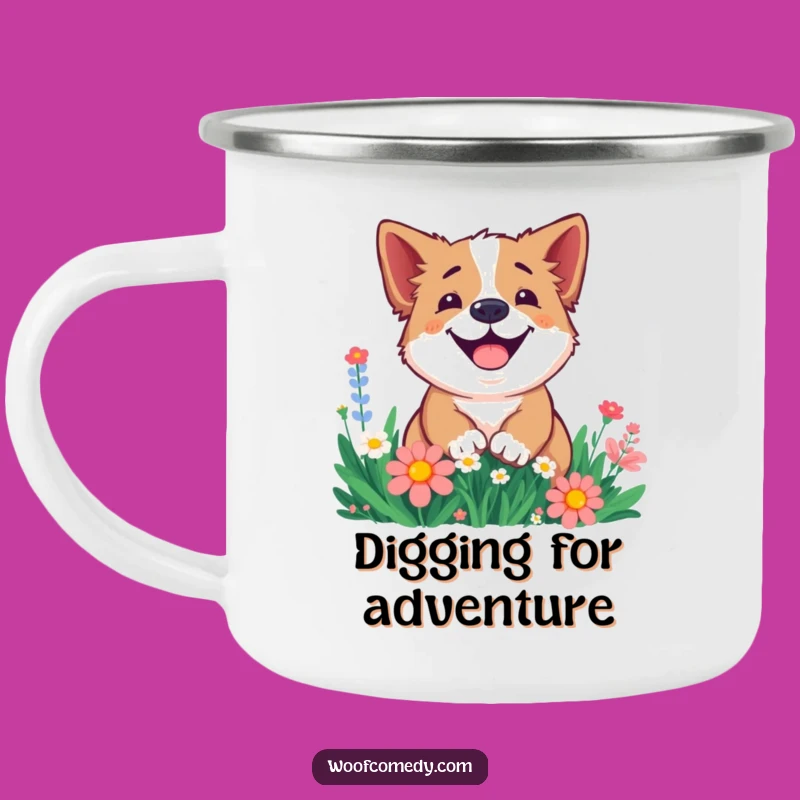 Funny Smiling Dog Flower Camping Mug: Joyful Digging Pup Drinkware