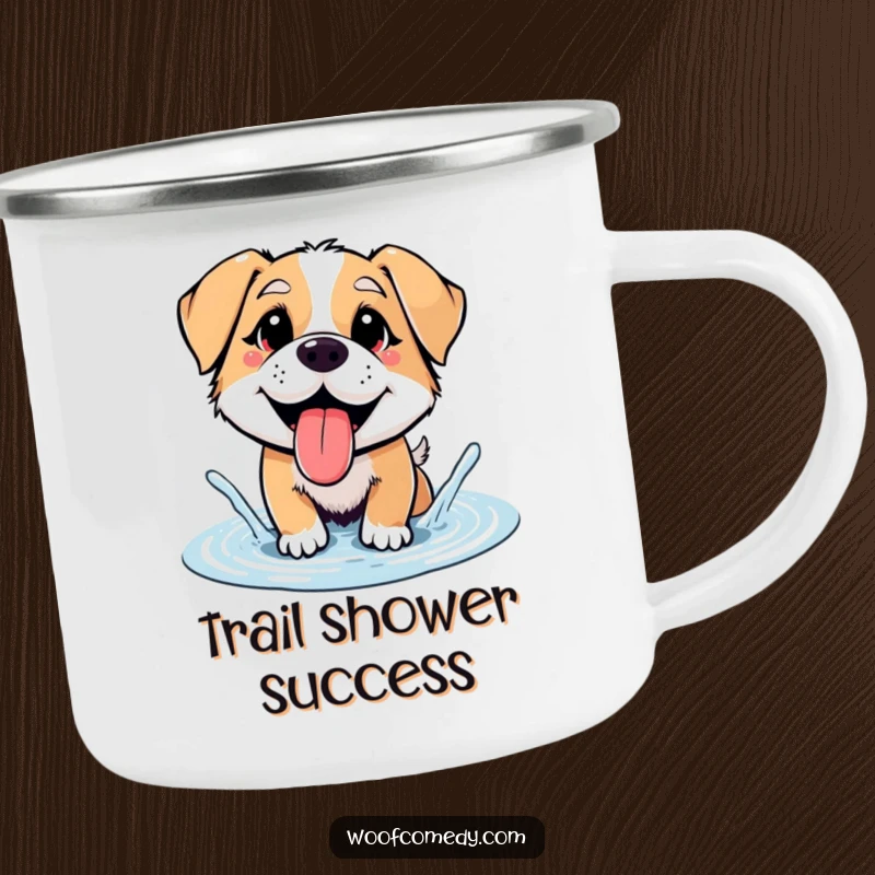 Funny panting dog splashing in a puddle, durable camping mug, outdoor fun, funny gift.