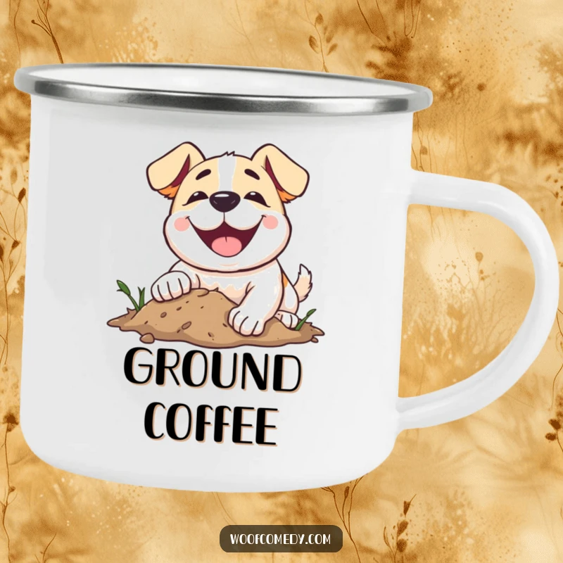 Funny dog camping mug depicting a dog with a massive smile, digging enthusiastically into the ground.