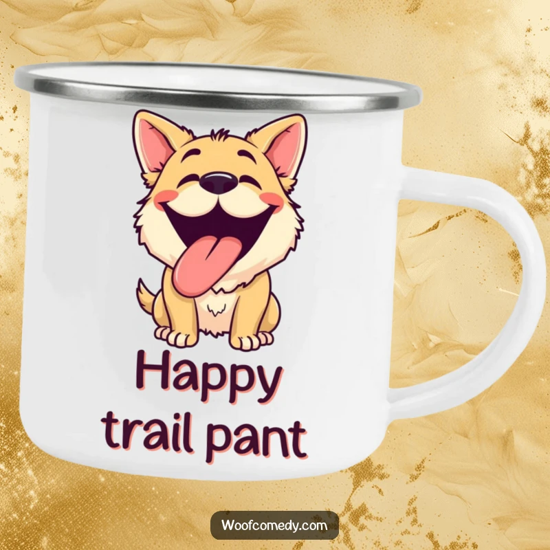 Funny dog grinning camping mug depicting a happy dog panting with its tongue out, ideal for outdoor enthusiasts who love humor.