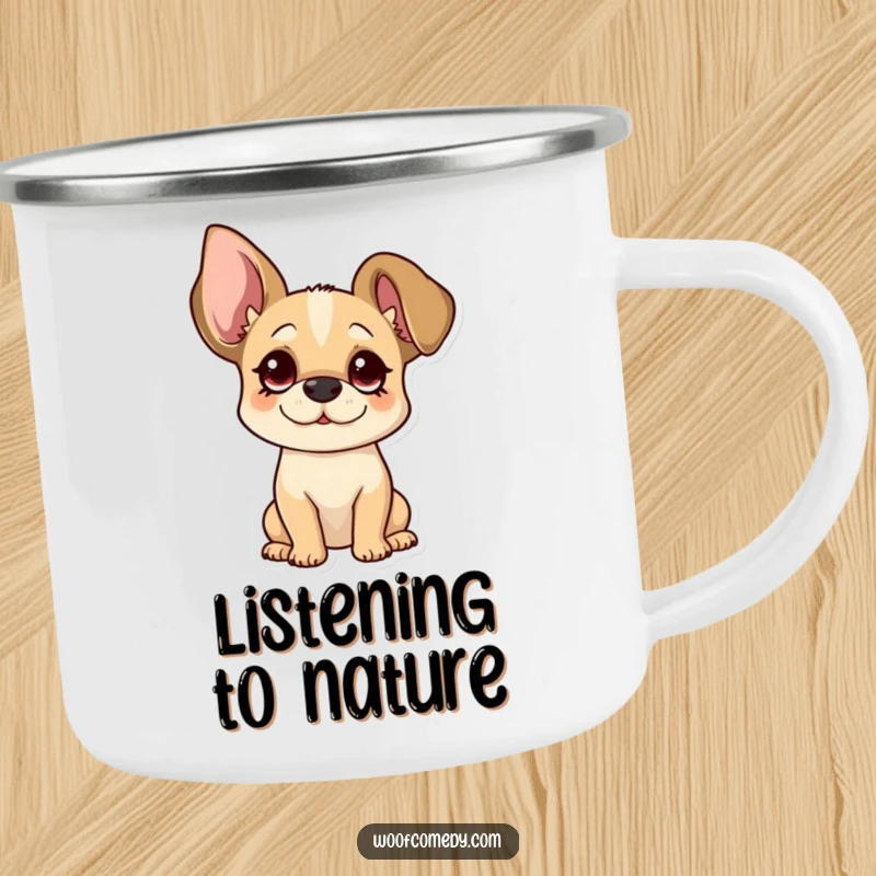 Funny floppy ear dog camping mug with a pup tilting its head curiously, perfect for outdoor charm.