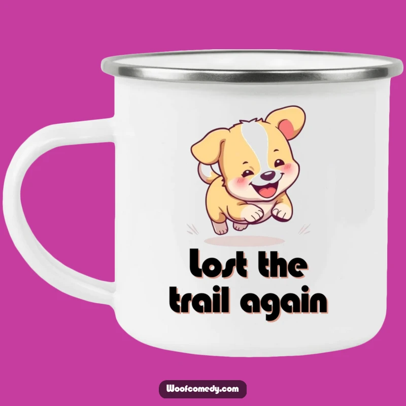Funny Dog Camping Mug: Cute Tail-Chasing Pup Enamel Mug, Humorous Outdoor Gift