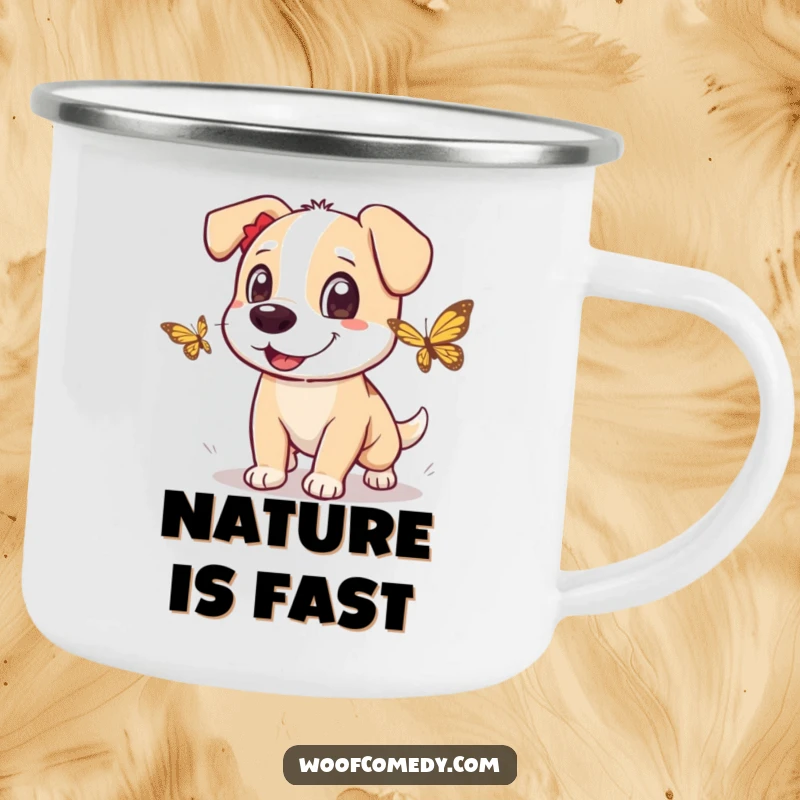 Funny dog camping mug featuring an excited dog chasing a fluttering butterfly with playful, energetic eyes.