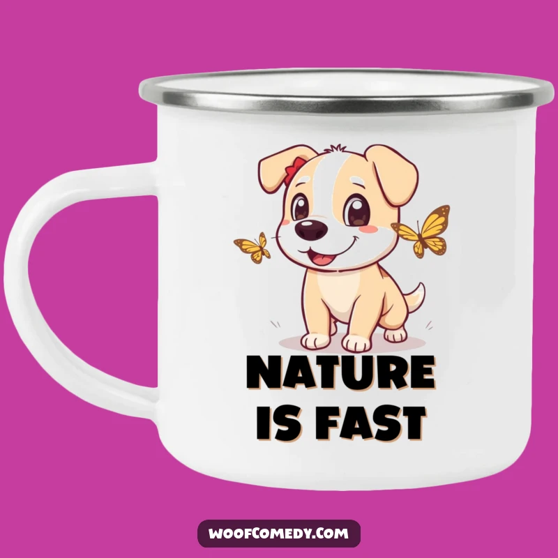 Funny Dog Butterfly Chase Camping Mug: Outdoor Fun, Hilarious Gear, Perfect Gift