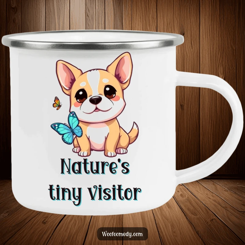 Funny Kawaii Dog Camping Mug: A cute dog curiously observing a butterfly, perfect for enjoying your drink outdoors.
