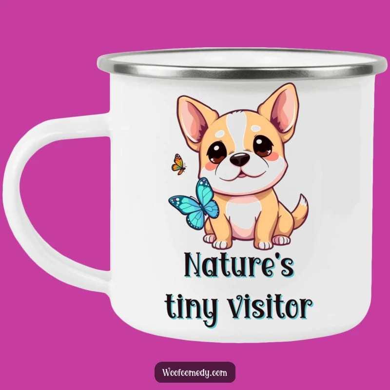 Funny Kawaii Dog Camping Mug - Curious Butterfly Watch, Nature's Friend