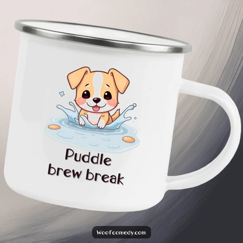Funny camping mug with a kawaii dog playfully splashing in a puddle, ears flapping, for lovers of messy outdoor fun.