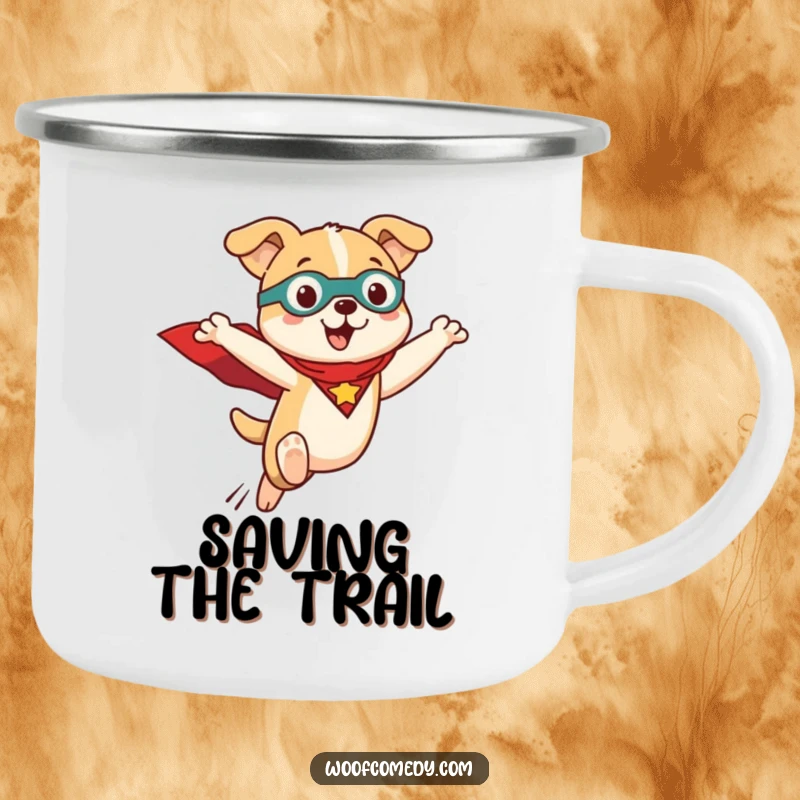Funny Kawaii dog camping mug with a cute dog in a superhero cape, leaping forward. Sturdy enamelware for outdoor use.