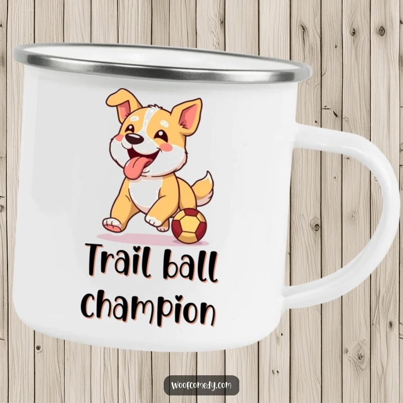 Funny enamel camping mug featuring a happy dog running with its tongue lolling out, chasing a ball.