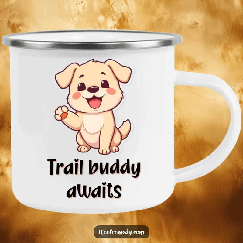 Funny Dog Camping Mug: A cheerful dog barking with a raised paw in greeting, perfect for outdoor adventures with humor.