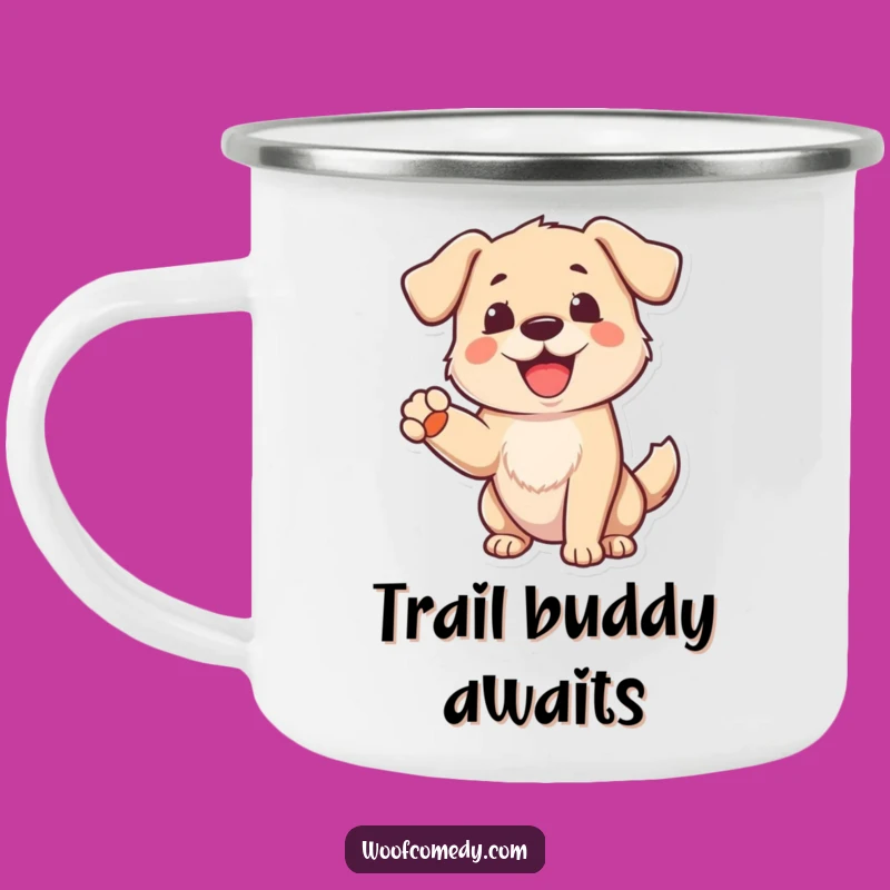 Funny Dog Greeting Camping Mug: Adventure Cheer, Welcoming Canine!