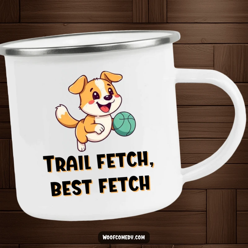 Funny happy dog camping mug with a wagging tail running with a bouncy ball, perfect for outdoor fun.