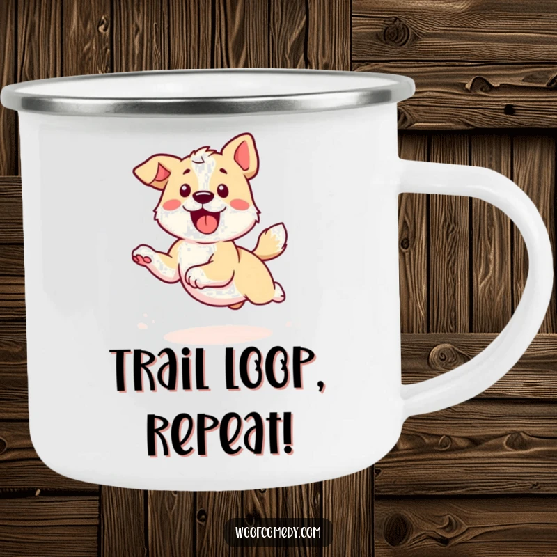 Funny Kawaii Dog Camping Mug: A cute dog energetically chasing its tail, perfect for your morning brew outdoors.