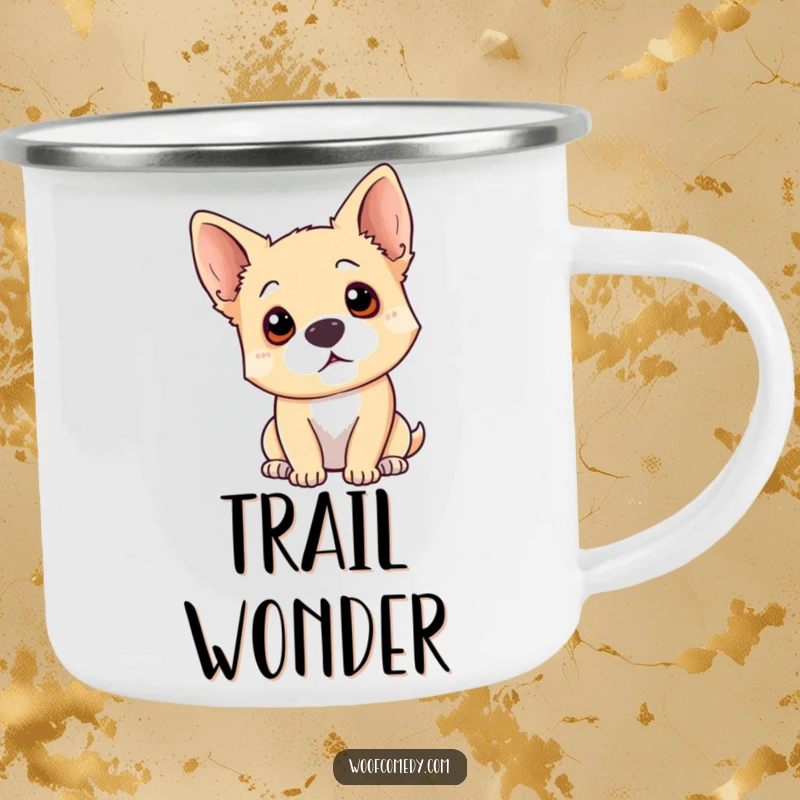 Funny dog head tilt camping mug depicting a curious dog tilting its head, ideal for outdoor enthusiasts who love thoughtful humor.