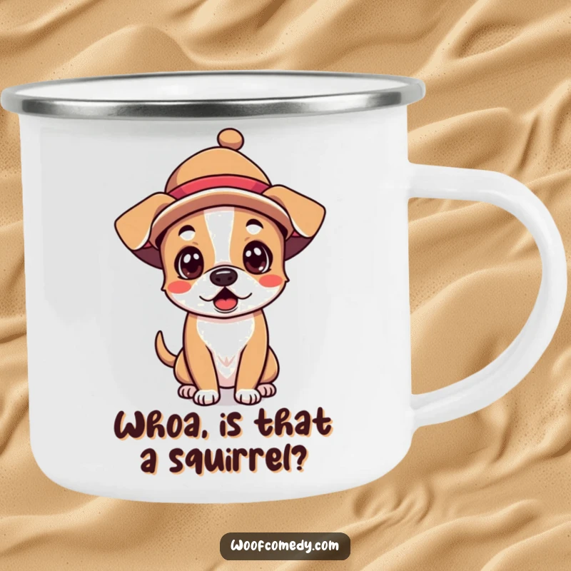Funny Kawaii Dog Camping Mug: A surprised pup in a silly hat, ready for your morning coffee on the go.