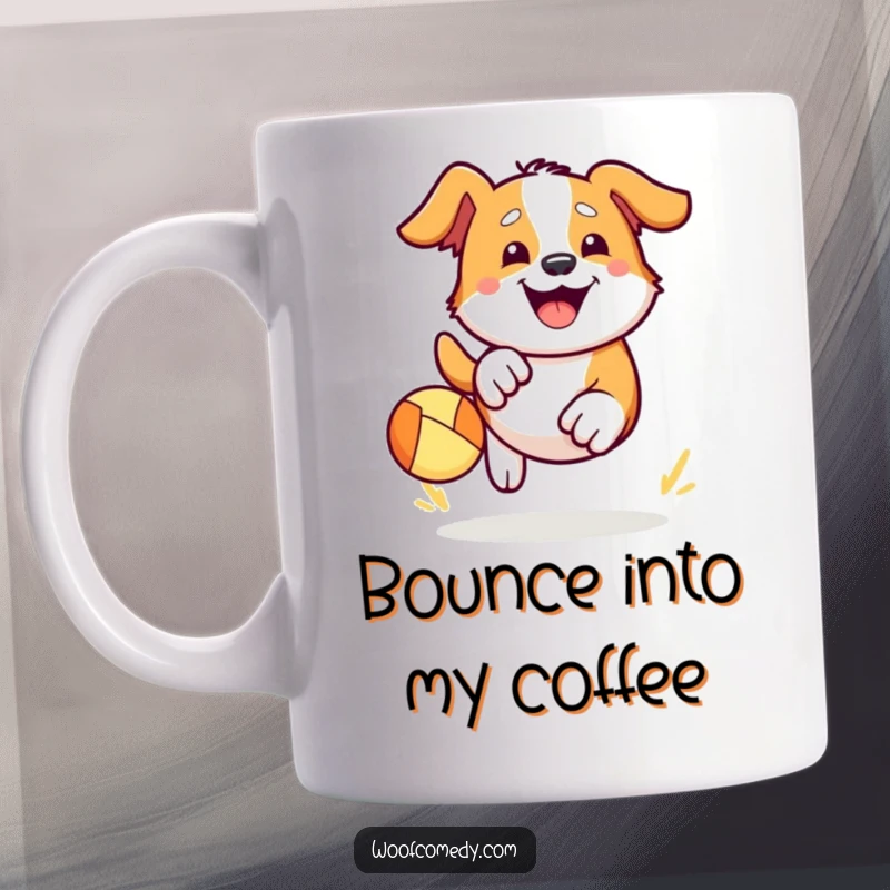 Funny Kawaii dog mug showing a cute dog enthusiastically chasing a bouncy ball with a huge, happy grin. Pure playfulness captured.