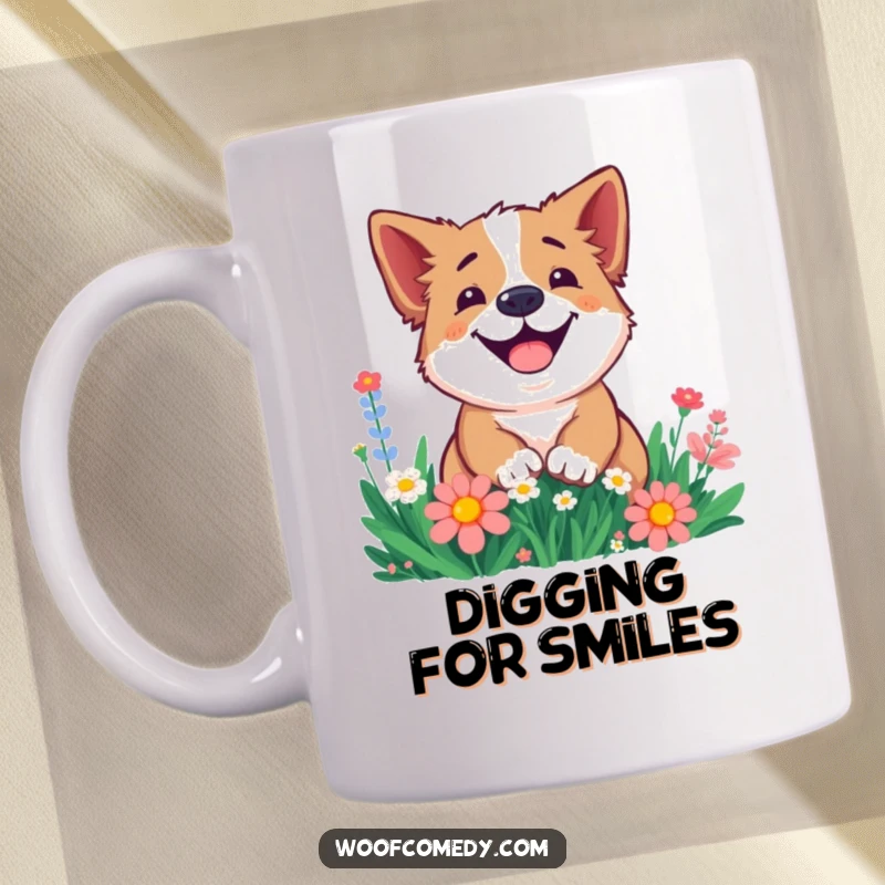 Funny mug showing a happy, smiling dog digging enthusiastically into a patch of colorful flowers, radiating pure delight.
