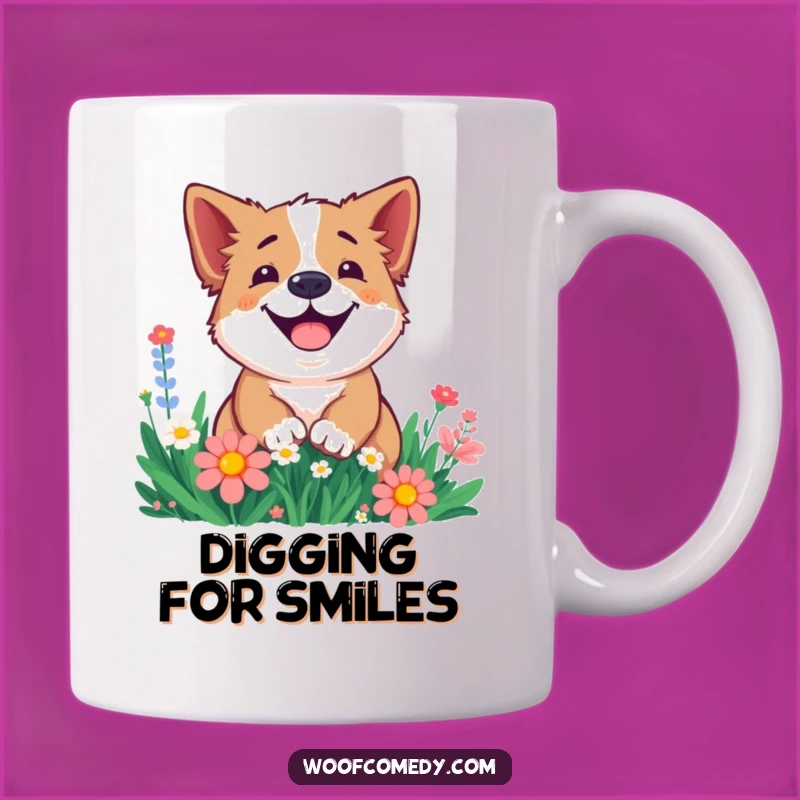 Funny Smiling Dog Flower Digging Mug: Joyful Pup Gift for Garden Lovers