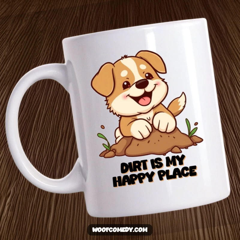 Funny kawaii dog mug with determined paws joyfully digging in dirt, celebrating messy fun and canine energy.