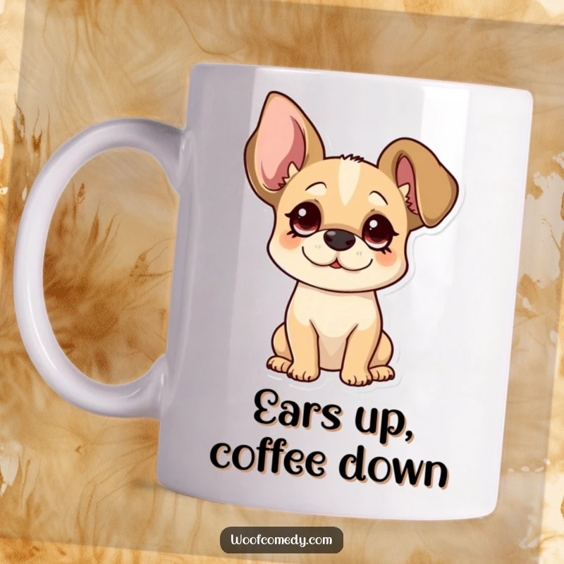 Funny floppy ear dog mug featuring a pup tilting its head curiously, showcasing adorable, oversized ears.