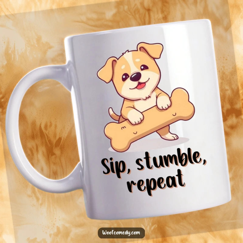 Funny mug showing a clumsy dog with floppy ears tripping hilariously over a very large bone.