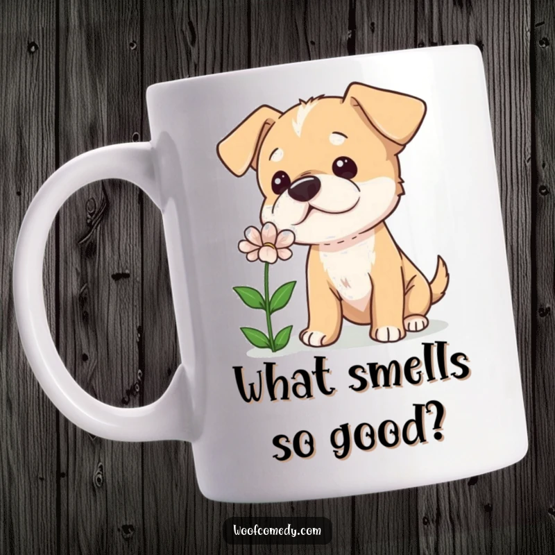 Funny dog mug showing a curious dog tilting its head while sniffing a flower, embodying gentle wonder and attentiveness.