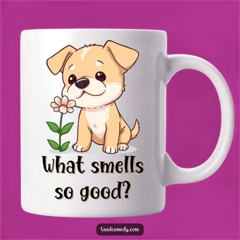Funny Curious Dog Tilted Head Mug - Adorable Sniffing Flower Dog Gift