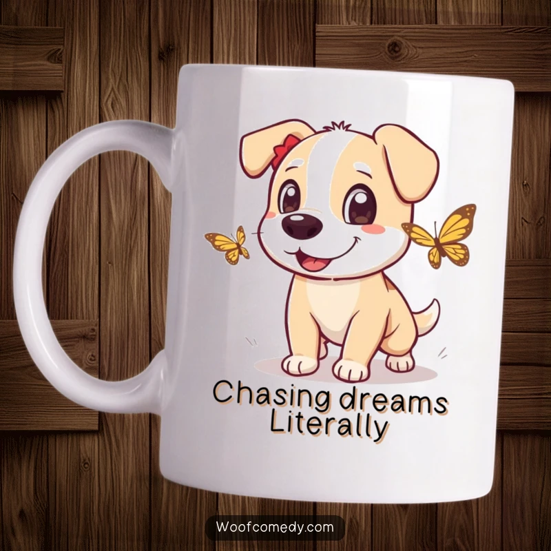 Funny dog mug depicting an excited dog joyfully chasing a fluttering butterfly with enthusiastic, playful eyes.