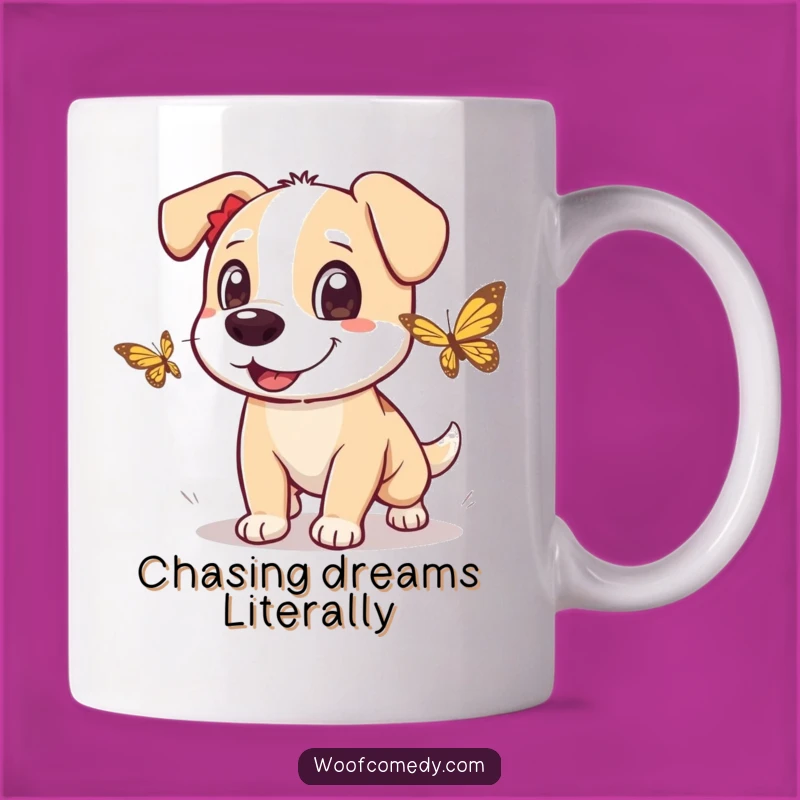 Funny Dog Butterfly Chase Mug: Playful Pursuit Art, Hilarious Gift Idea