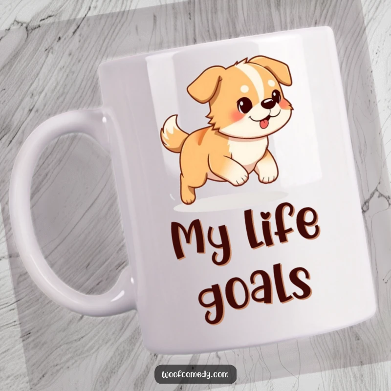 Funny Dog Mug: Determined dog hilariously chasing its own tail with intense focus, conveying playful absurdity and endless energy for a good laugh.
