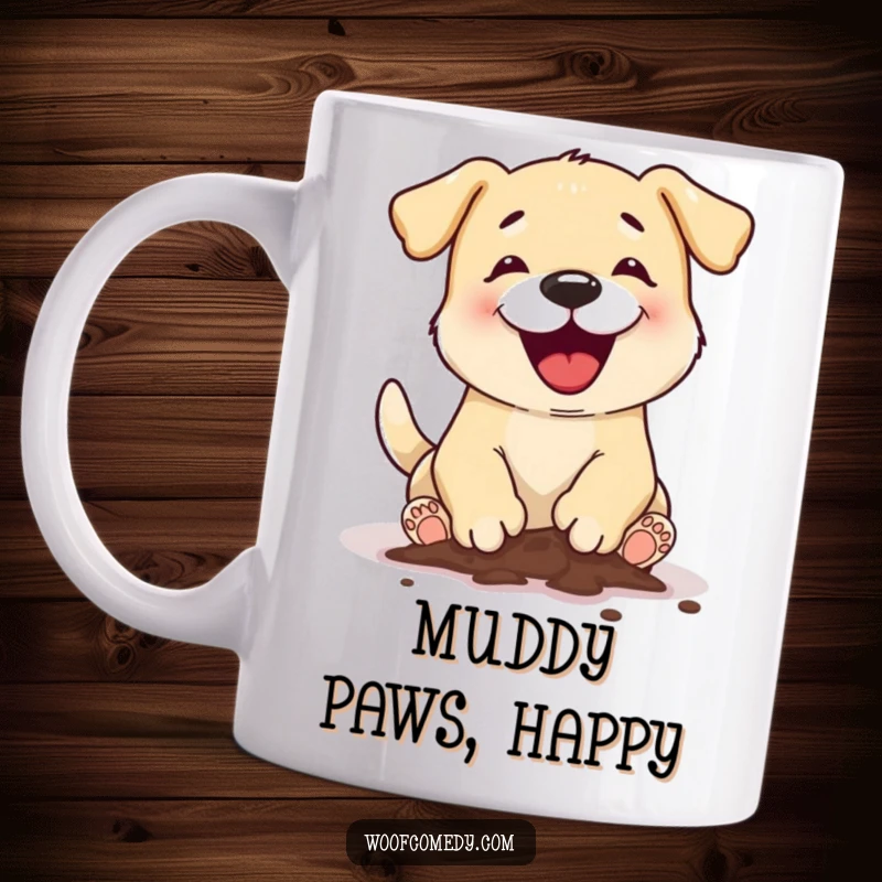 Funny dog digging mud mug showing a happy dog with muddy paws, enthusiastically excavating a hole, embodying playful mischief.