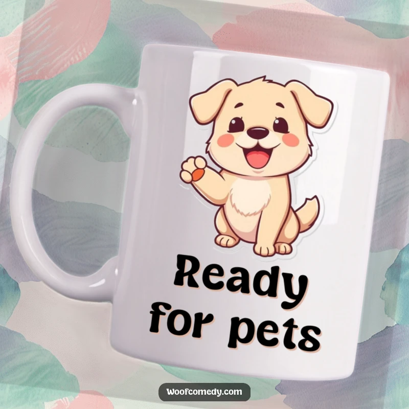 Funny Dog Mug: A cheerful dog barking with one paw raised in a friendly greeting, radiating happiness and warmth.