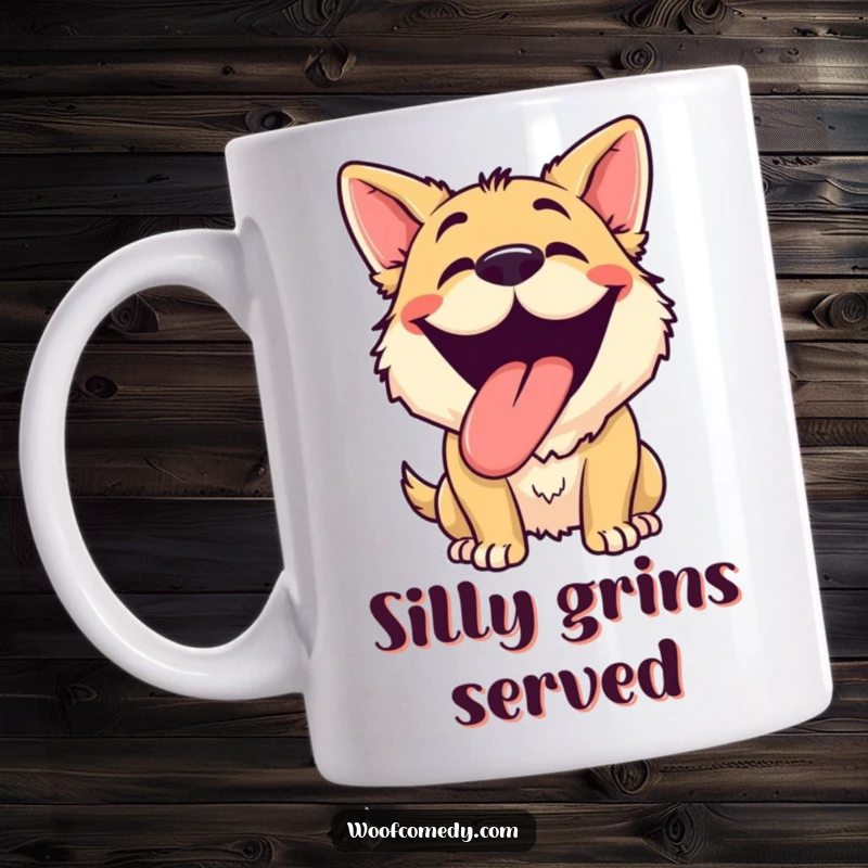 Funny dog grinning mug shows a happy dog panting with its tongue out, displaying a silly, infectious smile and pure canine joy.