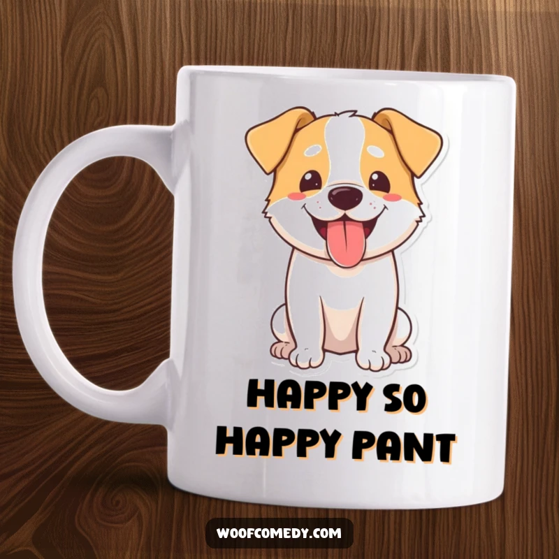 Funny dog mug featuring a happy dog with its tongue lolling out, panting with sheer, unadulterated joy.