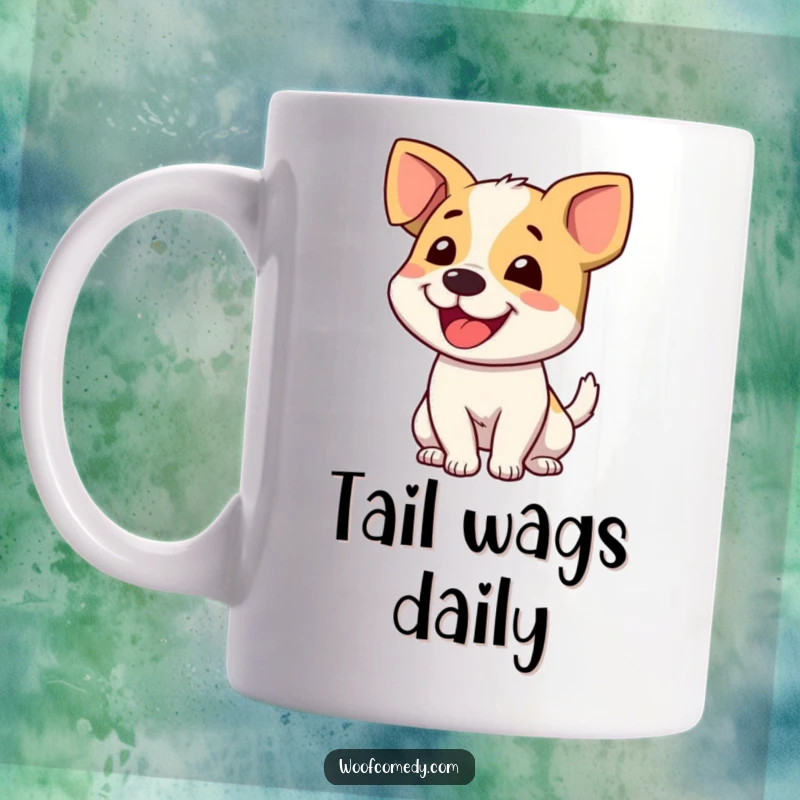 Funny dog wagging tail mug features a happy pup mid-wag, radiating pure joy and excitement, perfect for dog lovers seeking humor.