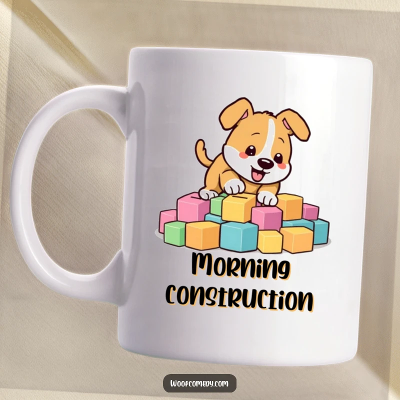 Funny energetic dog digging enthusiastically in a pile of colorful building blocks, action shot, funny gift.
