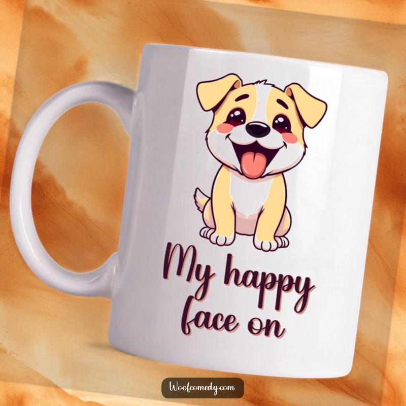 Funny dog mug with an excited dog panting happily with its tongue out, conveying pure joy and playful energy.