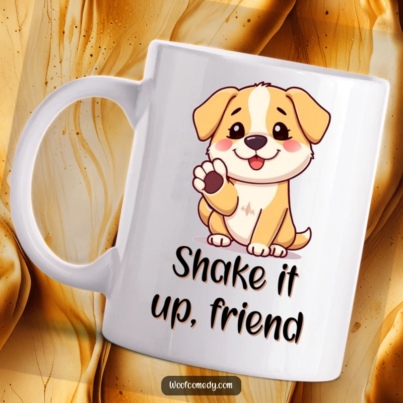 Funny mug featuring a friendly dog offering its paw for a shake, a warm and humorous gift.