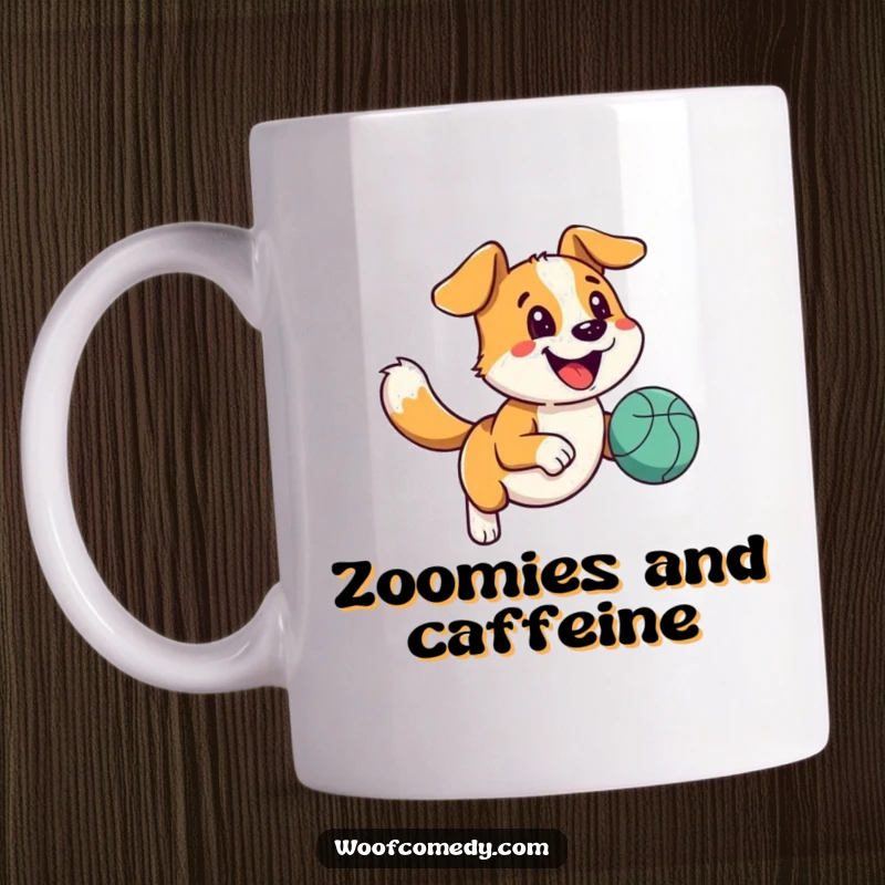 Funny happy dog mug with a wagging tail running joyfully after a bouncy ball, celebrating playtime.