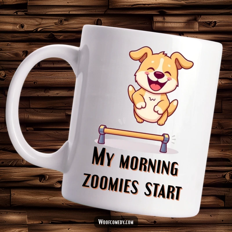 Funny mug of a happy dog joyfully leaping over a small hurdle with its tongue out and tail wagging in excitement.