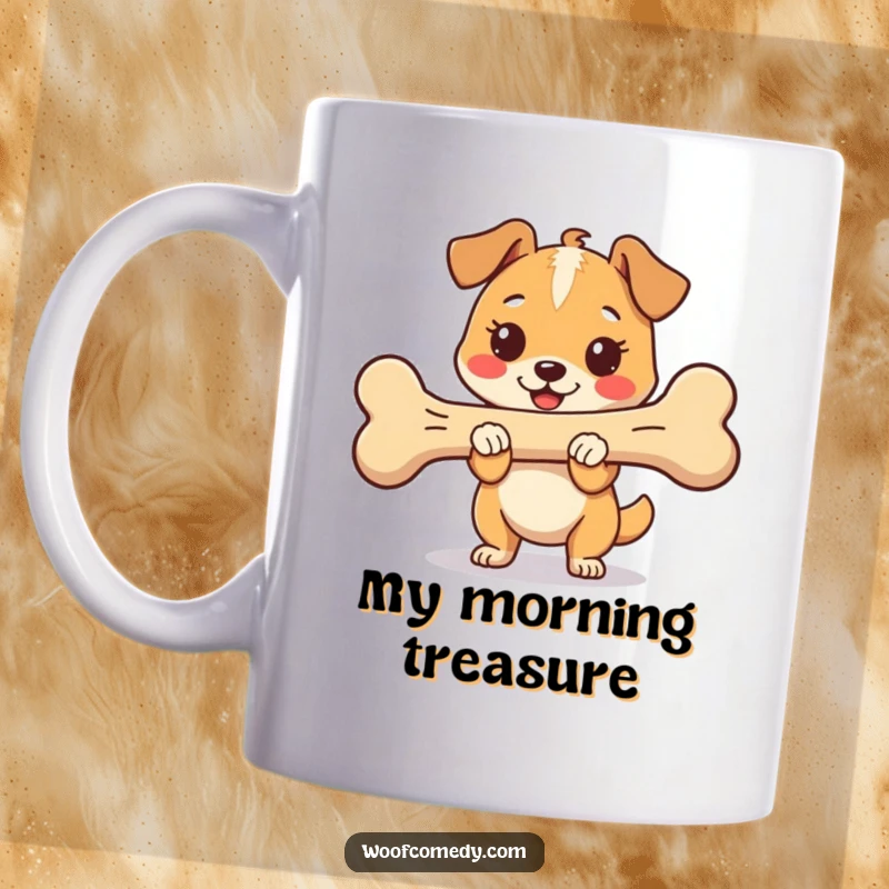 Funny Kawaii Dog Mug proudly holding an oversized bone, looking happy and content, perfect for gifting to dog enthusiasts.